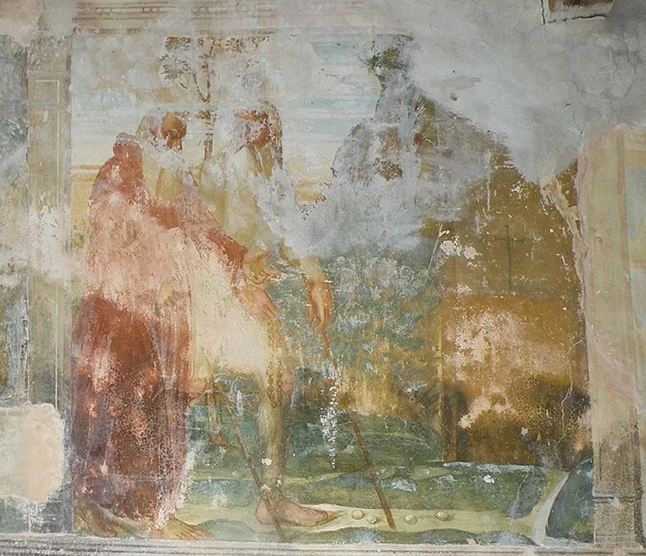 Il Romanino-177-Sant'Onofrio di Bovezzo (Bs), L'incontro tra Pafnunzio e Sant'Onofrio